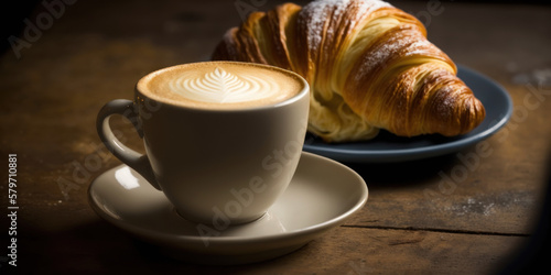 Fototapete Tasse de café avec croissant dans une petite assiette posé sur une table en bois