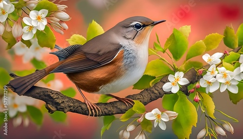 Canvastavla The beautifully delightful nightingale bird perched on a blooming flower