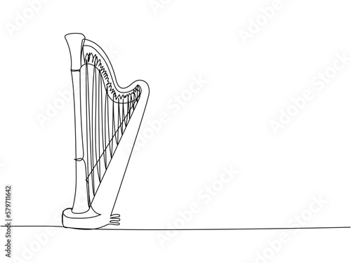 Harp one line art. Continuous line drawing of musical, melody, antique, culture, retro, tune, traditional, symphonic, music, irish, orchestra, greek, lira, lyra, string.