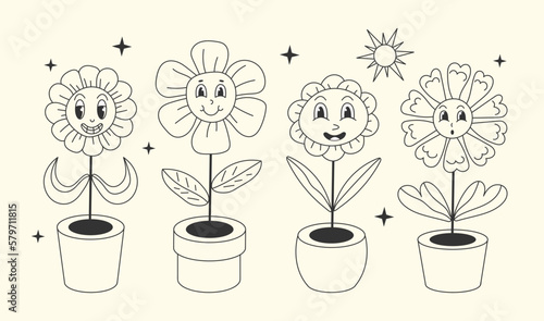 Groovy daisy flowers in flowerpots with cartoon funny smiling faces, chamomile characters. Camomile happy emotion.