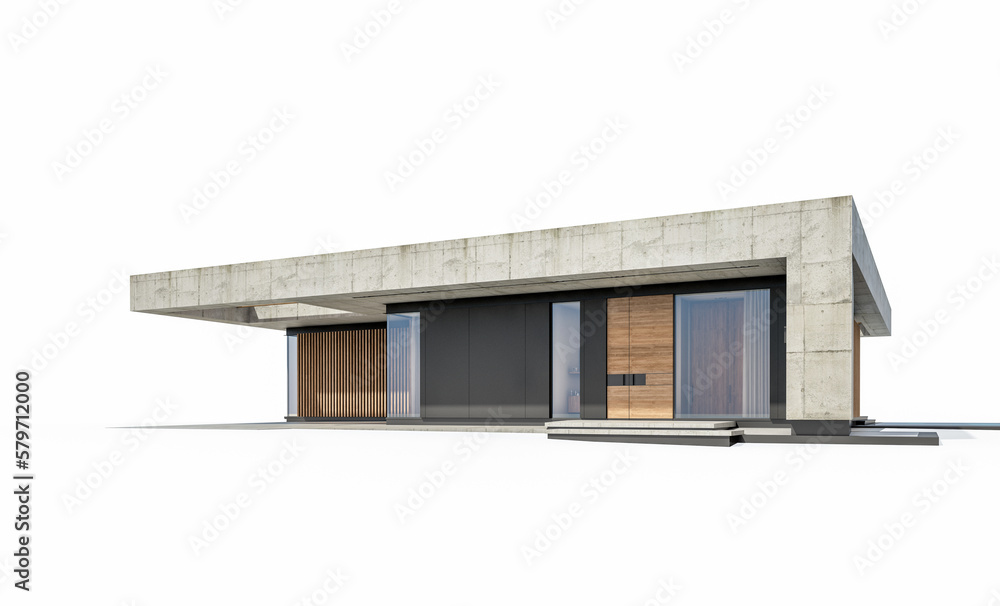 3d rendering of new concrete house in modern style with pool and parking for sale or rent only one floor in evening. Isolated on white 3d rendering of new concrete house in modern style with pool and parking for sale or rent only one floor in evening. Isolated on white