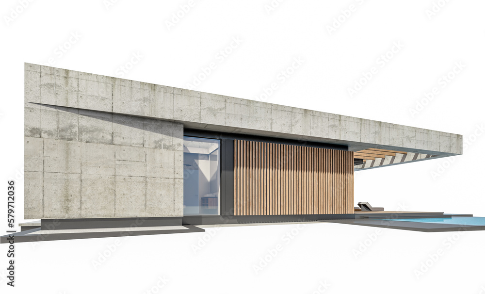 3d rendering of new concrete house in modern style with pool and parking for sale or rent only one floor in evening. Isolated on white 3d rendering of new concrete house in modern style with pool and parking for sale or rent only one floor in evening. Isolated on white