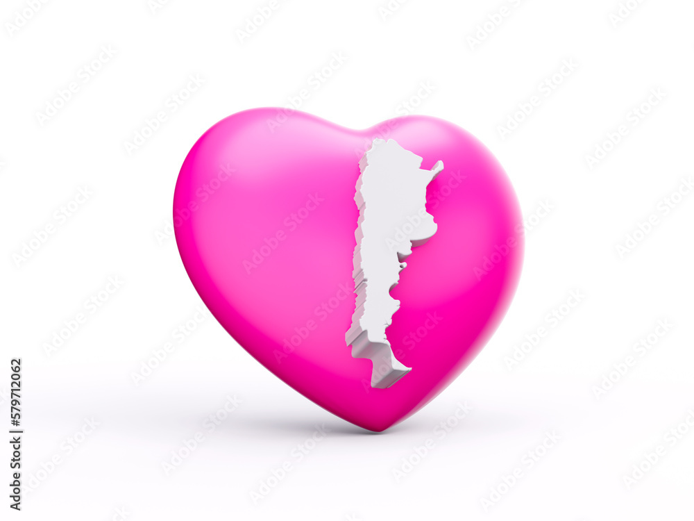 3d Pink Heart With 3d White Map Of Argentina Isolated On White
