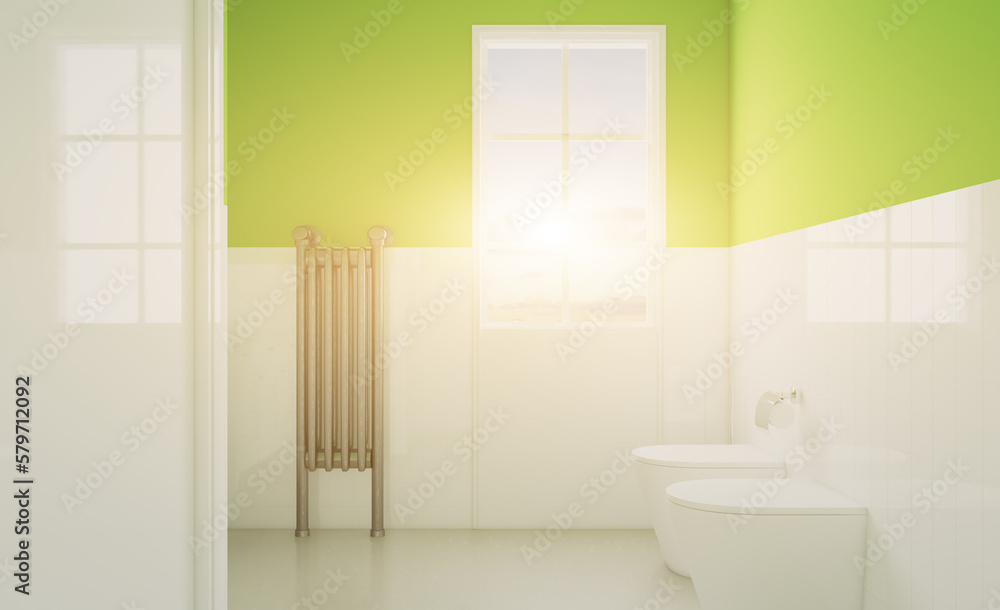 Stylish green and white bathroom interior with window. 3D rendering.. Sunset.