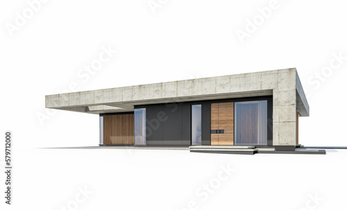 3d rendering of new concrete house in modern style with pool and parking for sale or rent only one floor in evening. Isolated on white © korisbo