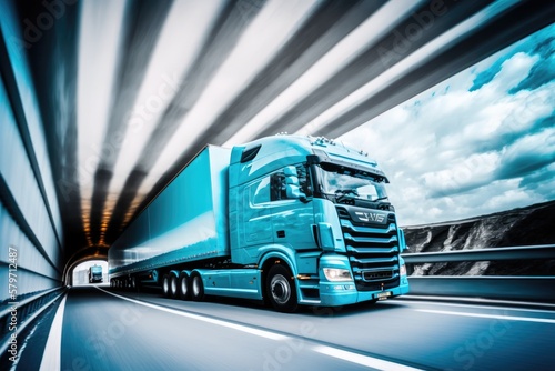 Modern truck speeding on freeway highway in motion. Generative AI © piai