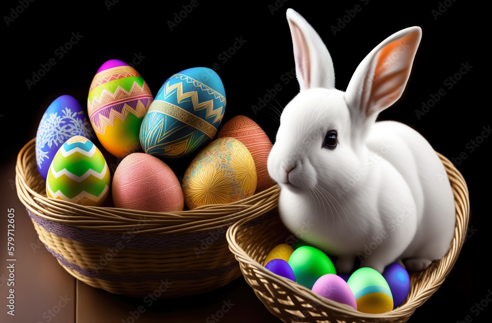 Dark background with rabbit and eggs easter gift for holiday. Cute White Rabbit and basket easter eggs on dark background. Generative AI
