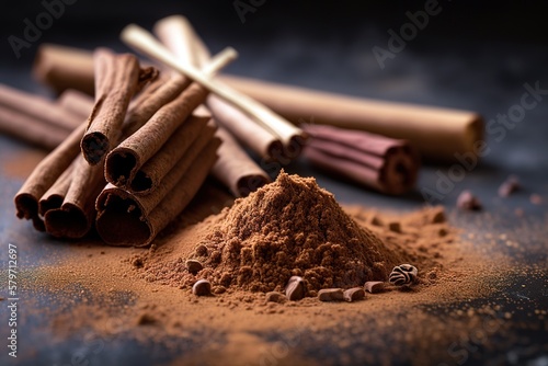 Fototapeta Naklejka Na Ścianę i Meble -  Cinnamon spice close up gourmet photography. Generative AI illustration