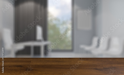 Modern office building interior. 3D rendering.. Mockup. Empty. Background with empty wooden table. Flooring.