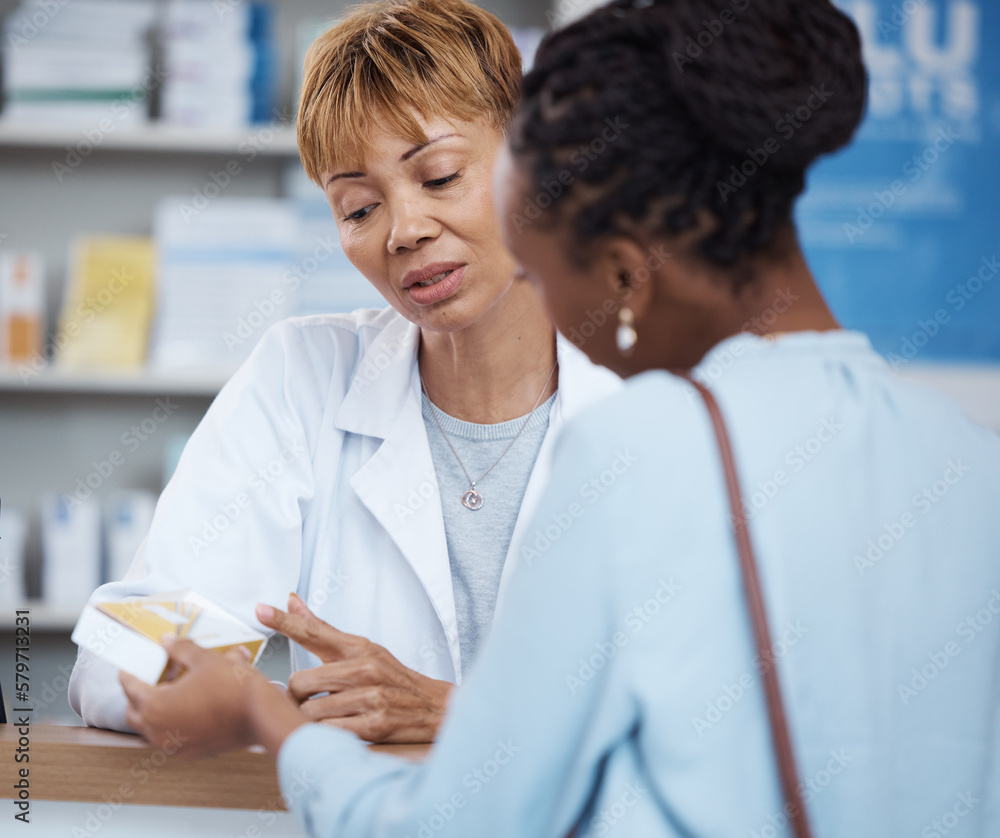 Healthcare, advice and black woman with pharmacist at counter for help on safe medicine and prescription drugs. Health, pharmaceutical info and patient consulting medical professional at pharmacy. Healthcare, advice and black woman with pharmacist at counter for help on safe medicine and prescription drugs. Health, pharmaceutical info and patient consulting medical professional at pharmacy.