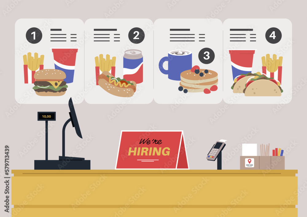 Fast food counter, we're hiring sign, cash register, pos terminal, display menu - obrazy, fototapety, plakaty 