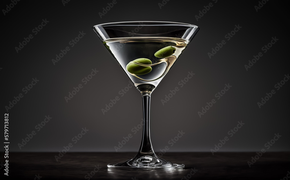 A Vodka Martini with two Olives. Popular Cocktail. Isolated on black backlit background. Illustrative Generative AI.