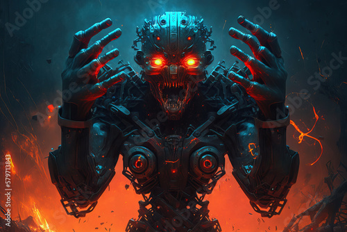 Scared robot look in panic at his hands. Generative AI