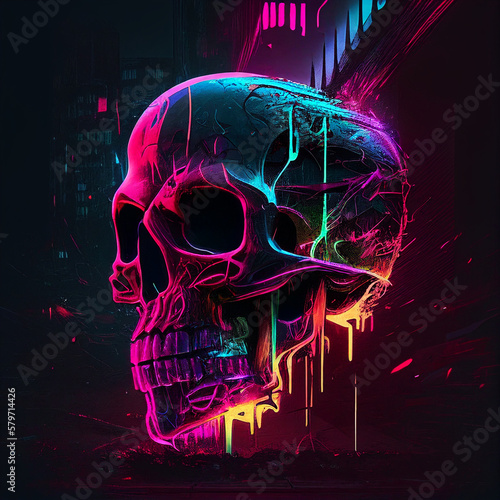 Gothic Punk Scene Human Skull with Vibrant Neon Colours Illustration   Generative AI