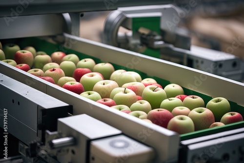 Apples in a food processing facility, clean and fresh, ready for automated packing. Concept for a healthy food company with automated manufacturing of food and fruits. Generative AI