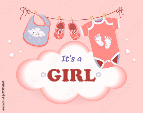 Baby shower greeting card. Baby shower invitation on pink background. This is a girl. Bib, bodysuit and booties dry on a rope. Vector illustration with baby clothes design