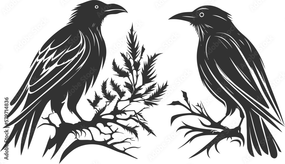 Black and White Hand-Drawn Abstract Crow outline Illustrations.