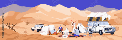 Camping in hot desert. Sand landscape panorama with tourists and arab bedoin. People group at picnic during Arabian nature adventure with tents and cars on summer holiday. Flat vector illustration