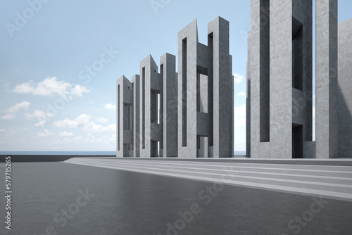 Empty concrete floor for car park. 3d rendering of abstract building with sea view background.