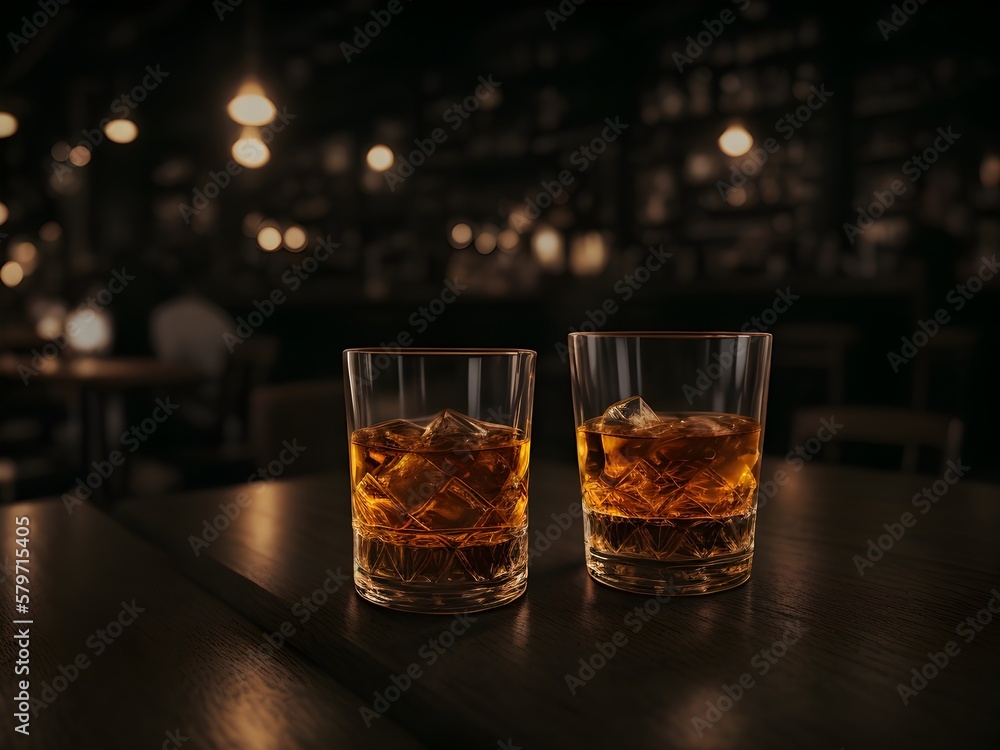 Scotch whiskey glass. Bottle and glasses of cold whiskey on dark wooden background. Generative AI
