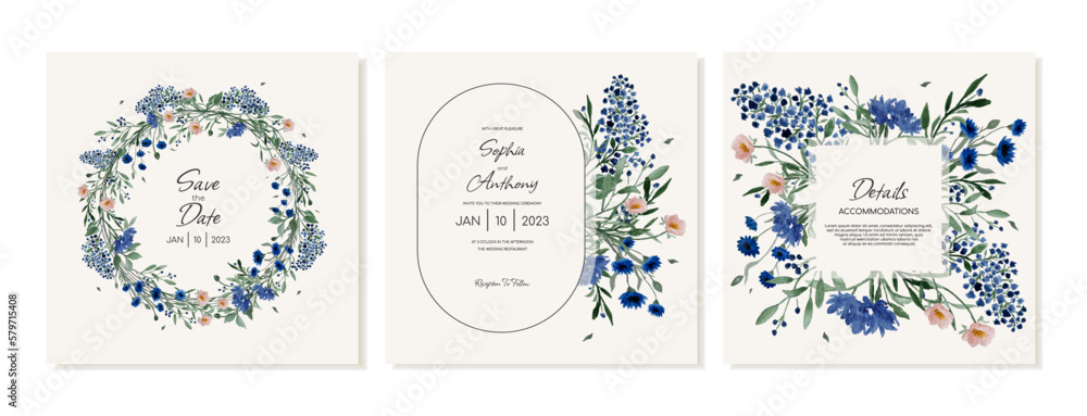 Set of square wedding invitations, details and RSVP in rustic style with wildflowers. Vector template Set of square wedding invitations, details and RSVP in rustic style with wildflowers. Vector template