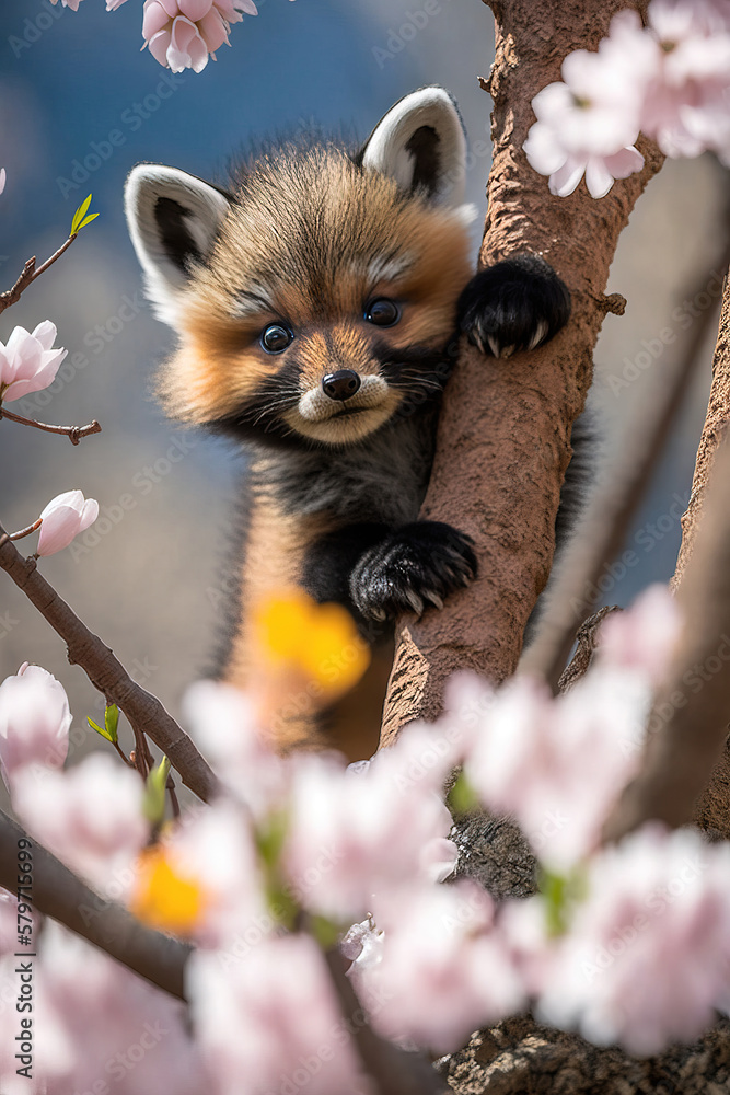 Cute baby fox under blossom three. Generative ai Cute baby fox under blossom three. Generative ai