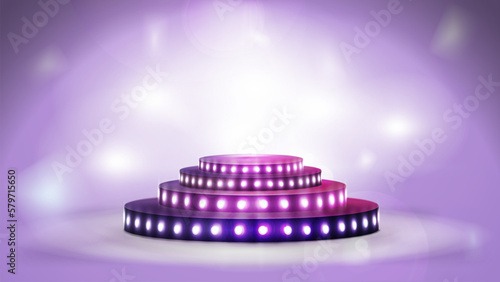 Empty pink podium with bulbs in pink bright light scene