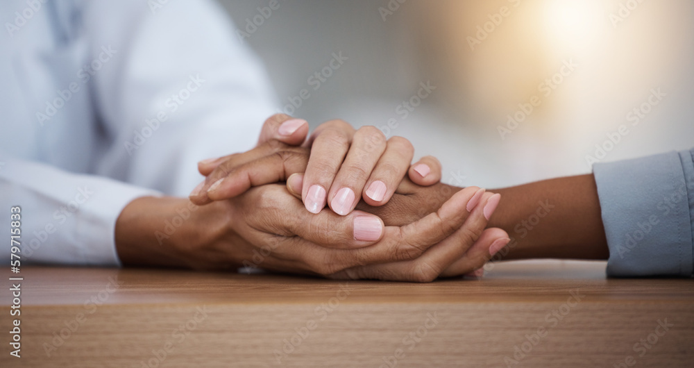 Hope, black woman or doctor holding hands in hospital consulting for medical test news or results for sympathy. Empathy, sad or zoom of nurse in healthcare clinic nursing or helping sick patient - obrazy, fototapety, plakaty 