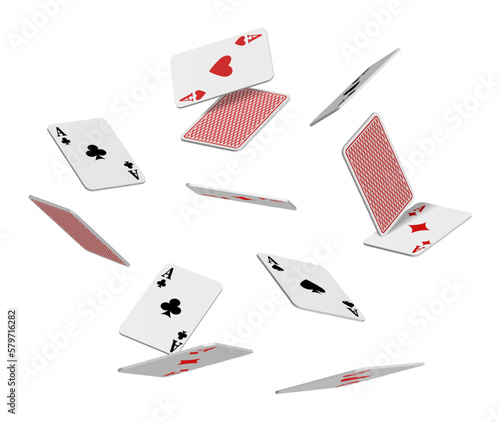  3d realistic vector icon. Flying playing cards of aces of diamonds clubs spades and hearts on white background, falling on the table.