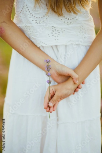 beautiful lavender field, large, blooming, spring mood. a beautiful girl in a hat, stands backwards, a girl runs across the field, in a white and colored dress © mariiya