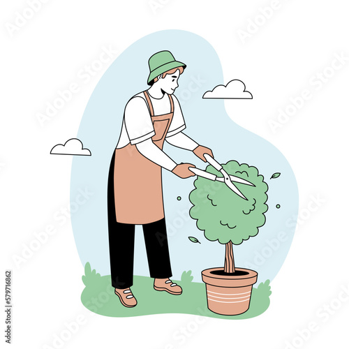 Gardening man cutting bush in the garden. Spring gardening concept. Linear vector illustration.