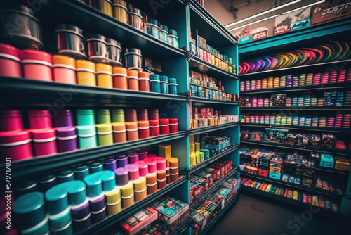 Art supply store shelves, wide-angle, low angle, creative, inspiring, colorful, organized, midday, vibrant style version 2 - generative ai