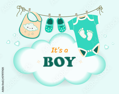 Baby shower greeting card. Baby shower invitation on blue background. This is a boy. Bib, bodysuit and booties dry on a rope. Vector illustration with baby clothes design