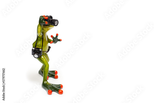 Ceramic figurine of a photographer's frog with two cameras on a white background.