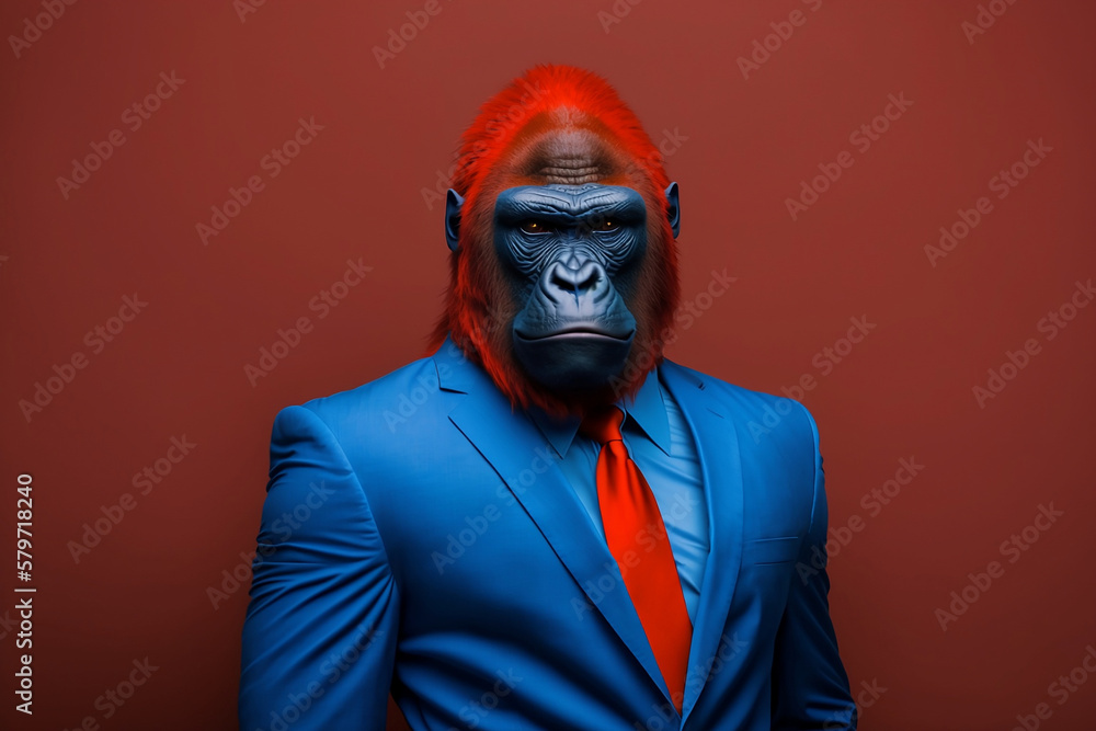 The Sophisticated Gorilla in a Striking Blue Suit, A Creative Valentine's Day Stock Image of Animals in Blue Suit. Generative AI The Sophisticated Gorilla in a Striking Blue Suit, A Creative Valentine's Day Stock Image of Animals in Blue Suit. Generative AI