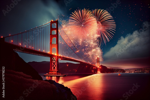 Fireworks over the famous Golden Gate Bridge. AI generated