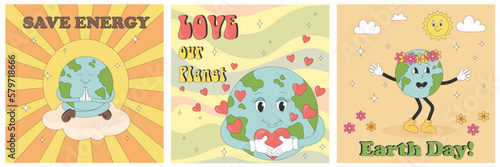 Set of posters with funny planet earth in retro style