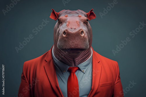A Hippopotamus in a Red Suit, A Creative Valentine's Day Stock Image of Animals in Red Suit. Generative AI  © ShadowHero