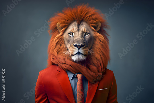 The Regal Lion in a Striking Red Suit  A Creative Valentine s Day Stock Image of Animals in Red Suit. Generative AI 