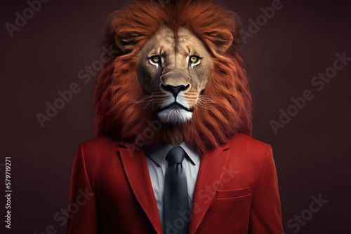 The Regal Lion in a Striking Red Suit  A Creative Valentine s Day Stock Image of Animals in Red Suit. Generative AI 