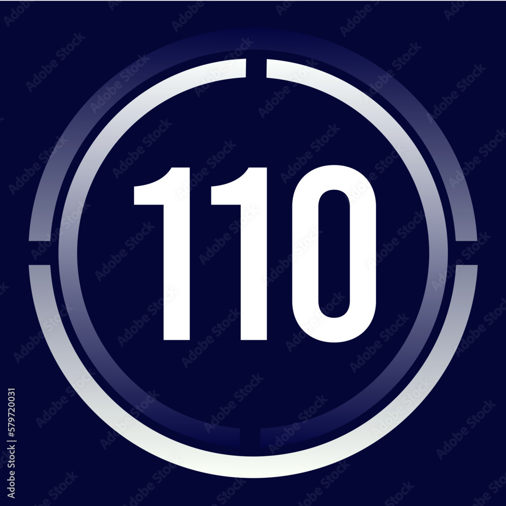 Number 110 design for business, print, books, movies, time-counting, companies in white, blue and blue gradient colors with half circles Number 110 design for business, print, books, movies, time-counting, companies in white, blue and blue gradient colors with half circles