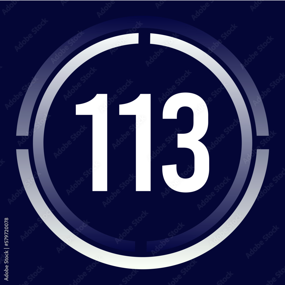 Number 113 design for business, print, books, movies, time-counting, companies in white, blue and blue gradient colors with half circles Number 113 design for business, print, books, movies, time-counting, companies in white, blue and blue gradient colors with half circles