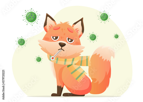 The baby fox has a high temperature. Thermometer in mouth and scarf around neck. Drawn in cartoon style.
