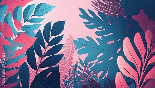  Pink and blue Foliage decorative background in flat style Various abstract tropical leaves on a dark background. Generative Ai. © makstorm