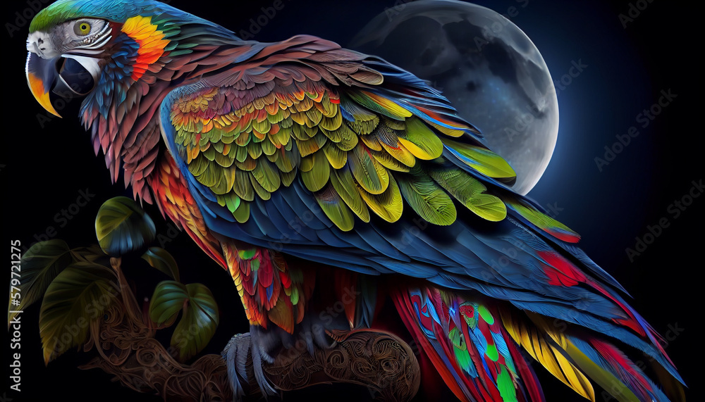 Fototapeta premium Colorful macaw parrot on night sky background.