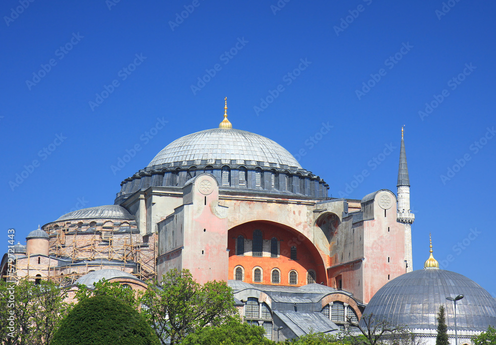 Close up of The Hagia Sophia and  restoration work on it in Istanbul, Turkey