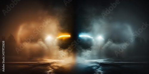 Empty background scene. Dark street reflection on wet asphalt. Rays of neon light in the dark, neon shapes, smoke. Background of an empty stage show. Abstract dark background. Generative ai