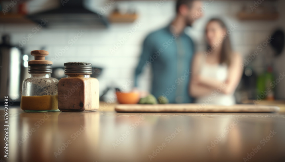 An empty kitchen counter worktop for product display. blurred people in the background. Generative ai