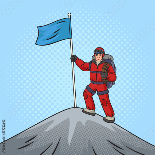 climber puts flag on top of mountain pinup pop art retro vector illustration. Comic book style imitation.