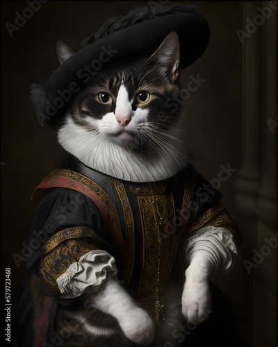 Portrait of a cat in renaissance clothes. Generative AI.